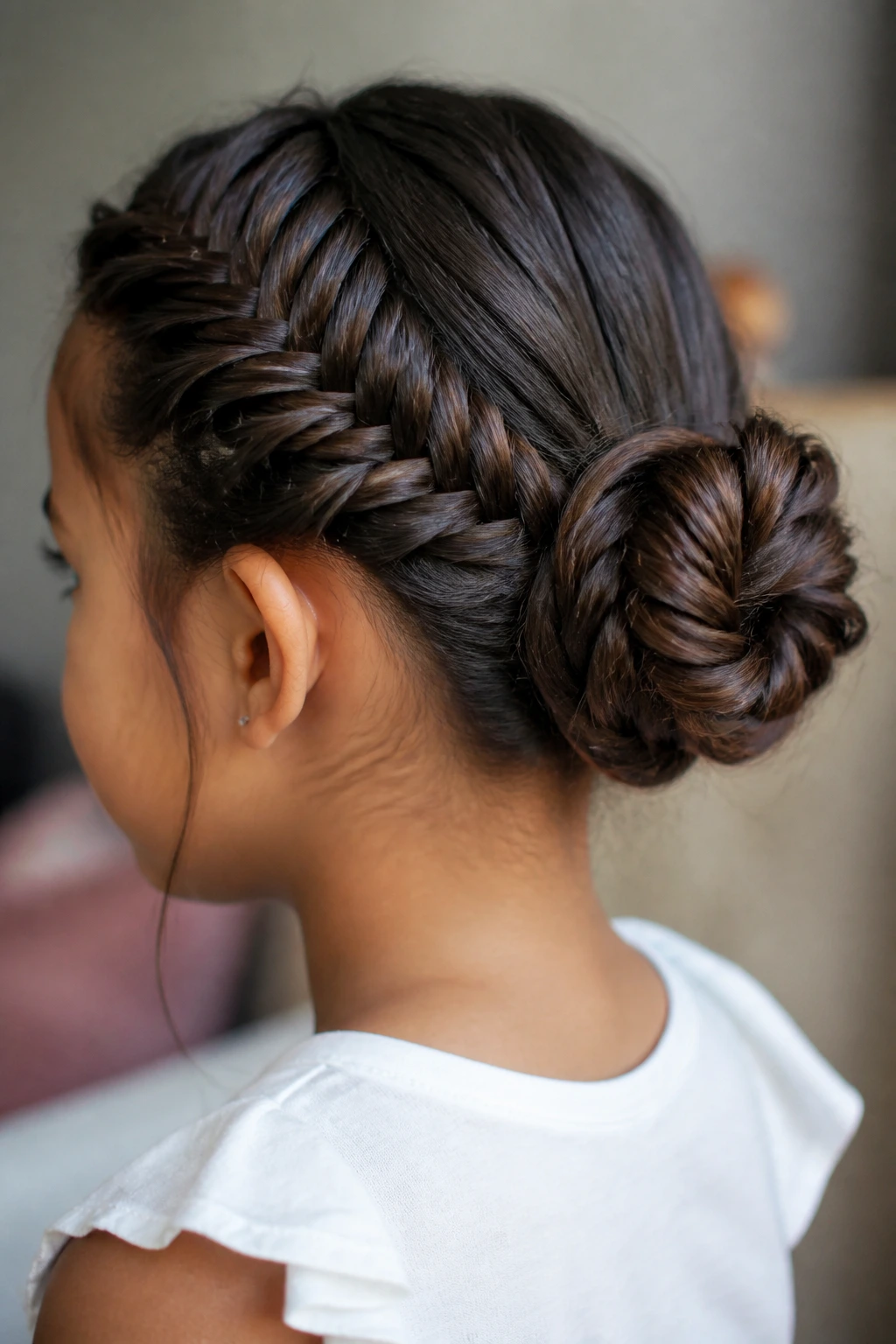 Close-up of a child with a fishtail braid formed into a bun at the back