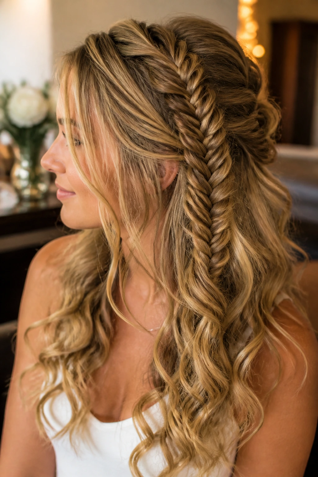 Real woman with a loose fishtail cascade half-up hairstyle and cascading curls.
