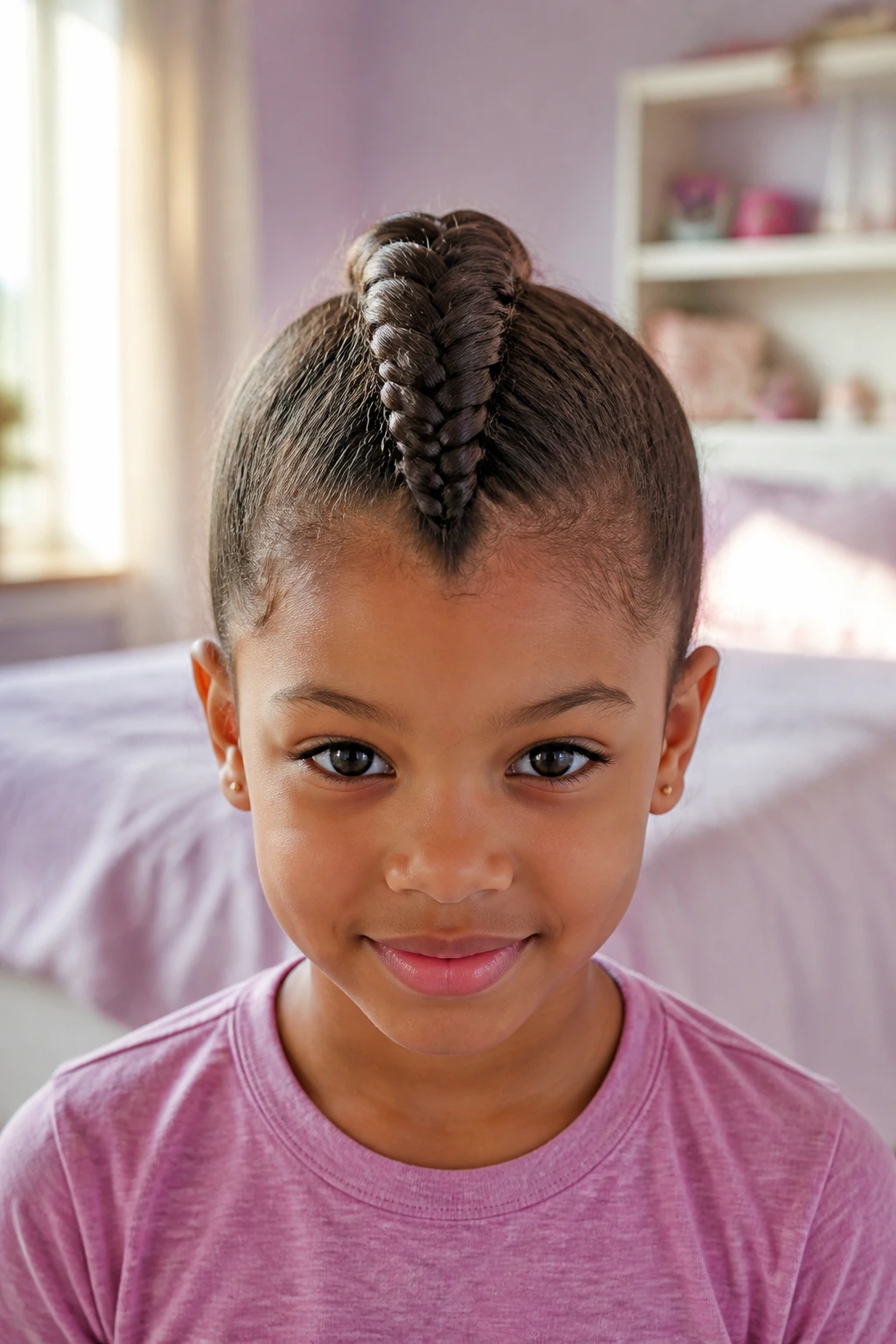 Front portrait of a child with a bold center fishtail braid down the head
