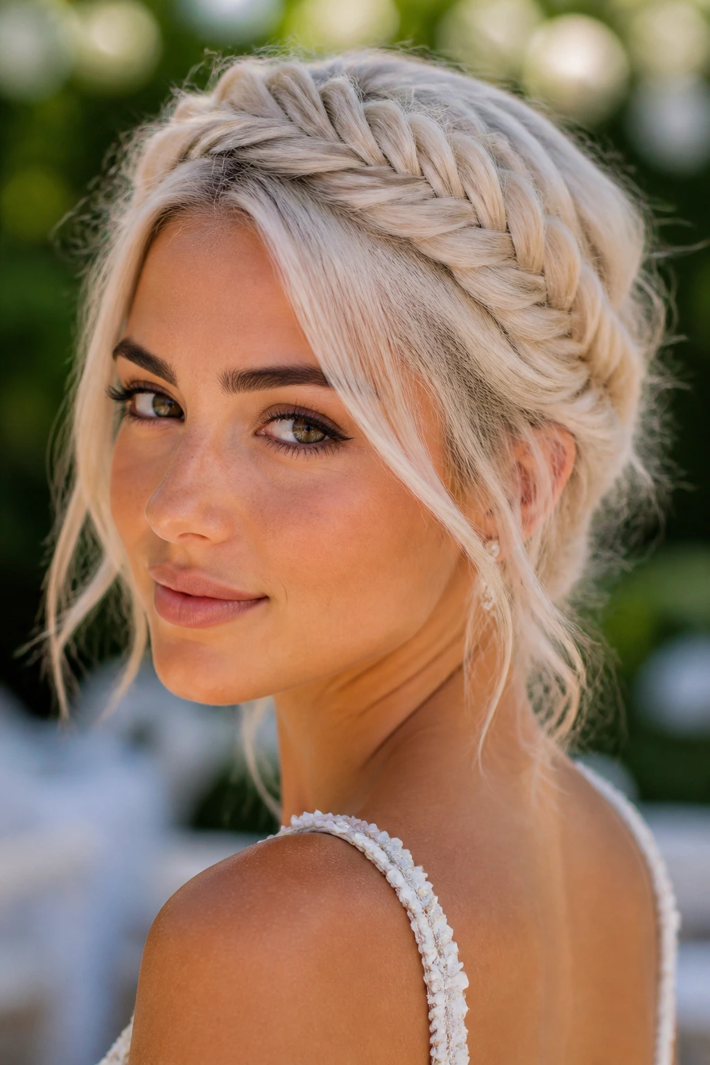 Close-up of a real woman wearing a fishtail crown braid on platinum hair