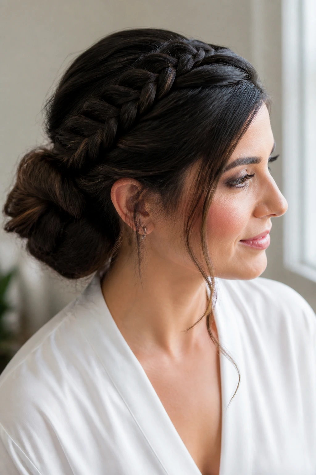 Close-up of fishtail crown braid leading to bun on real woman's hair