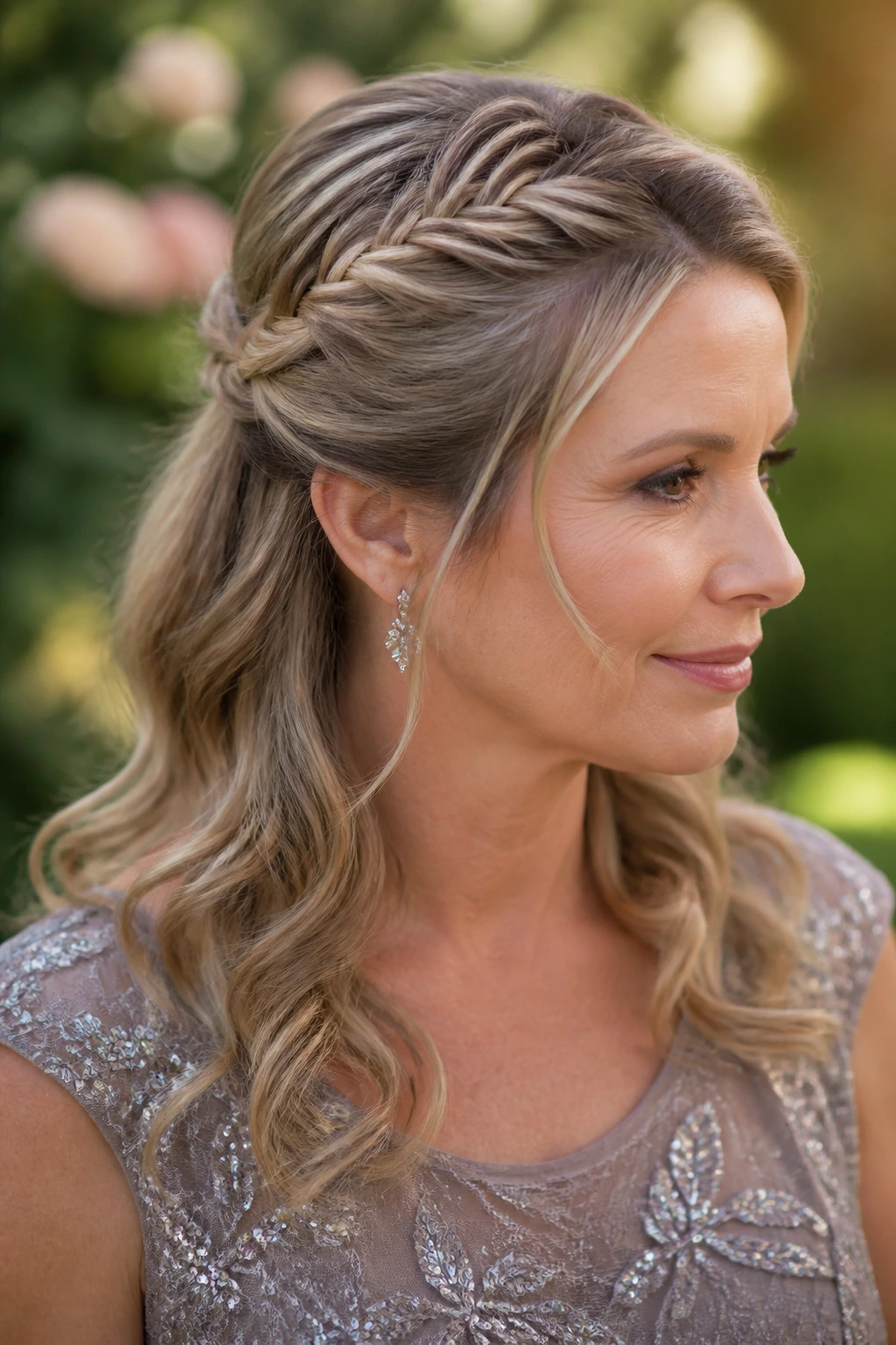 Close-up of a woman with a fishtail half-up hairstyle and soft waves