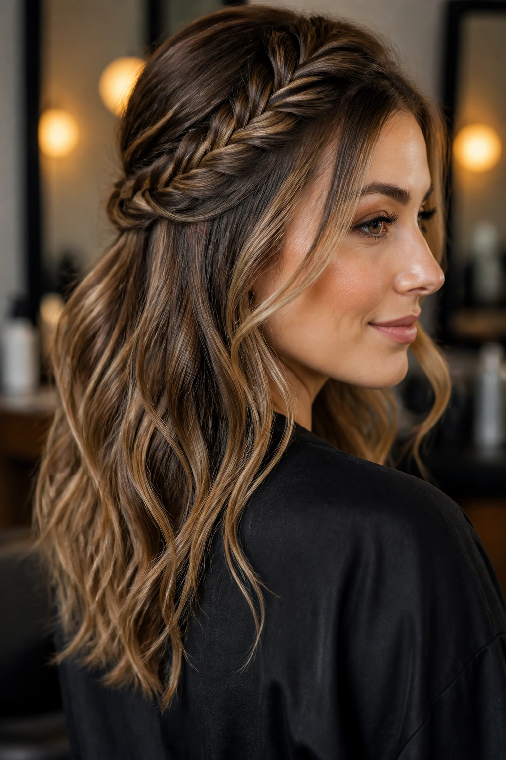 Close-up of a real woman's head showing a fishtail half-up with loose ends and balayage highlights