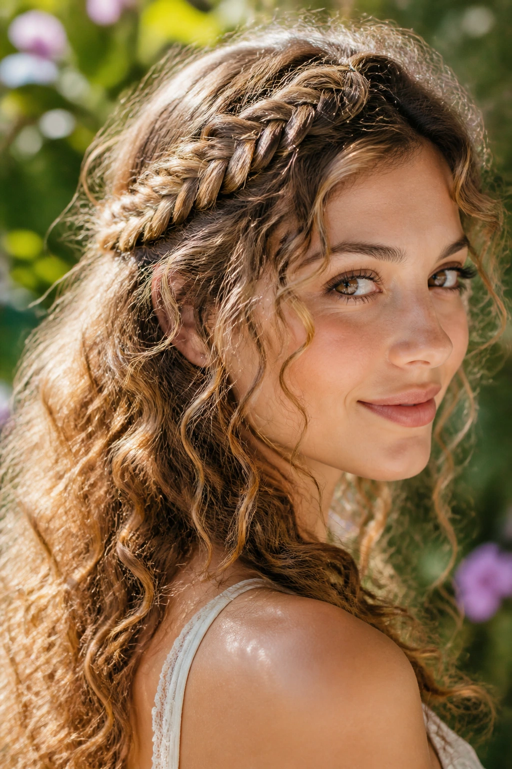 Close-up of real woman with a loose fishtail half-up braid over beachy waves in natural light