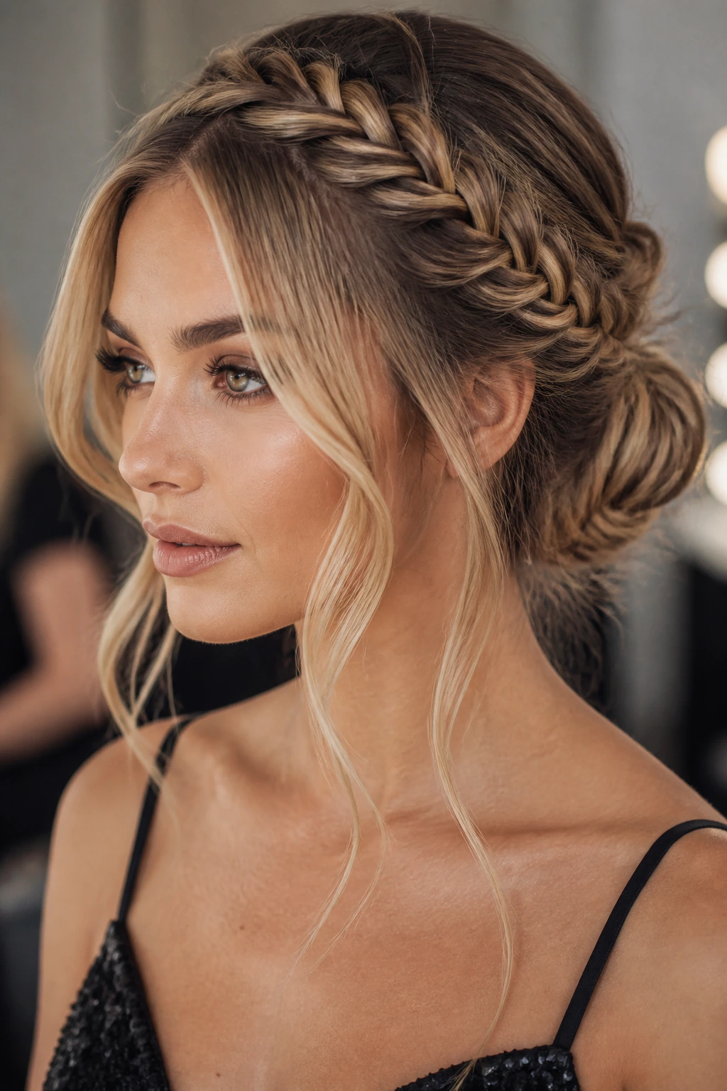 Close-up of a real woman with a fishtail halo bun and loose money pieces