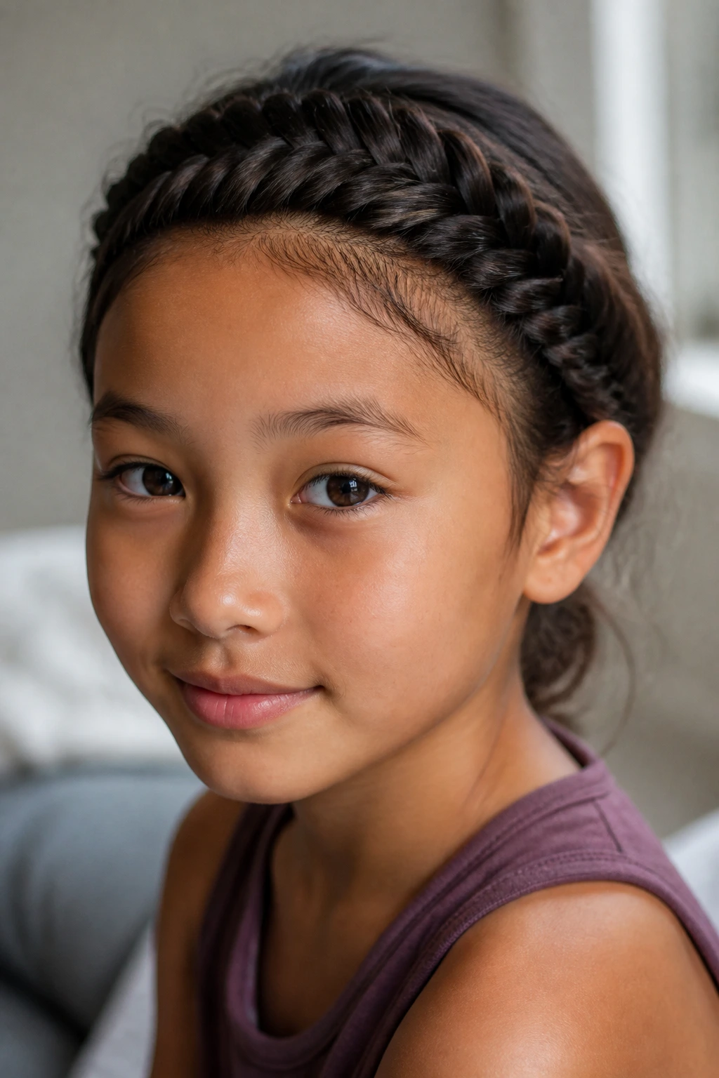 Close-up of a child with a fishtail halo around the hairline