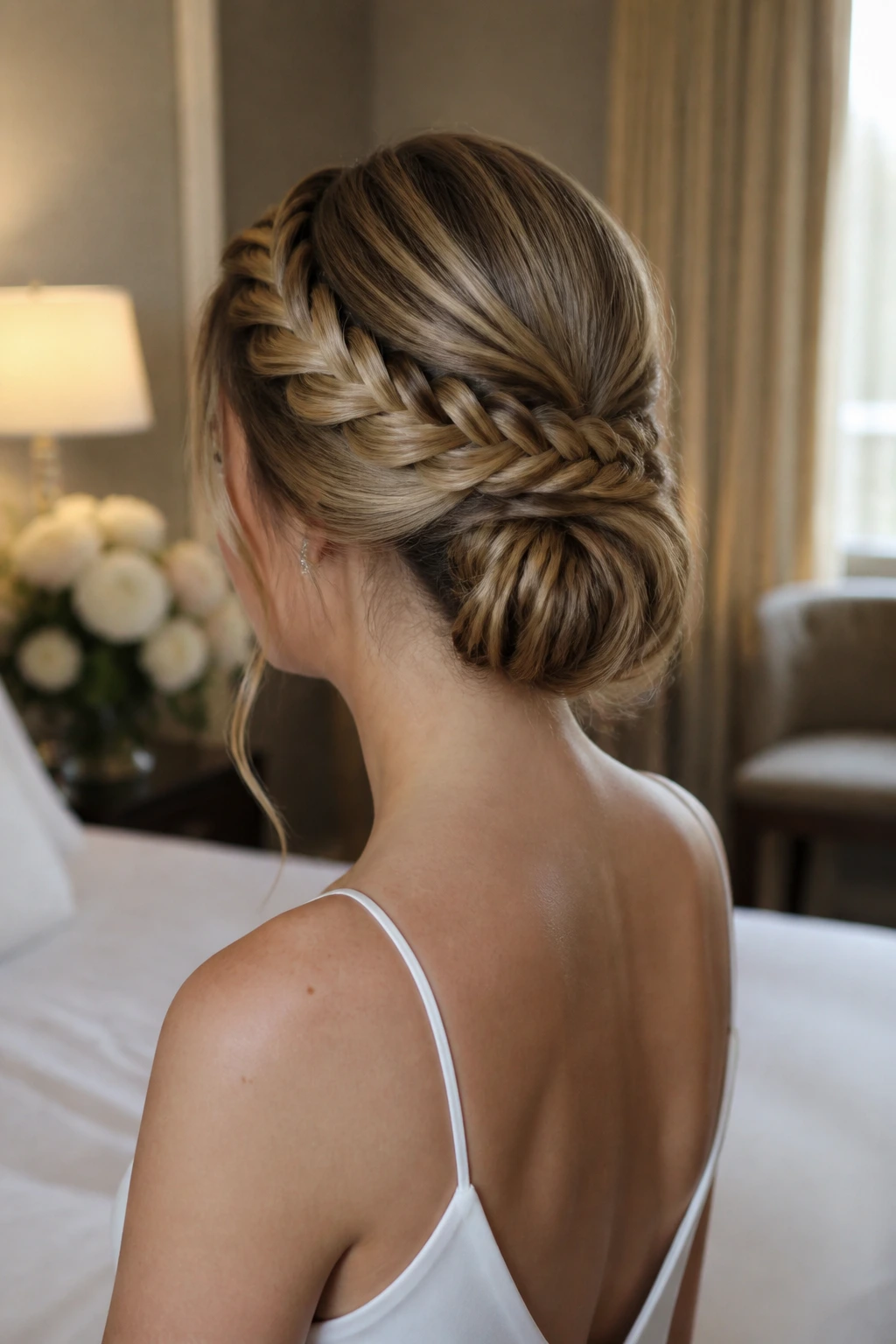 Back view of a woman with a fishtail halo into a low bun in a romantic room