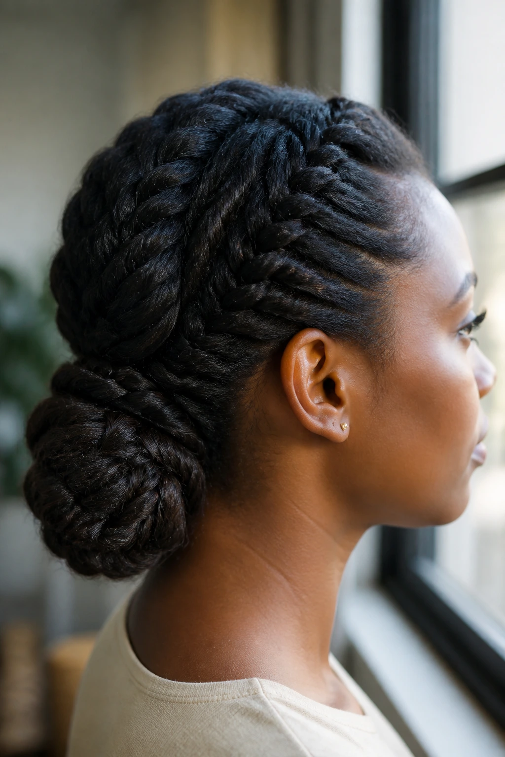 Close-up of a real person with fishtail low bun