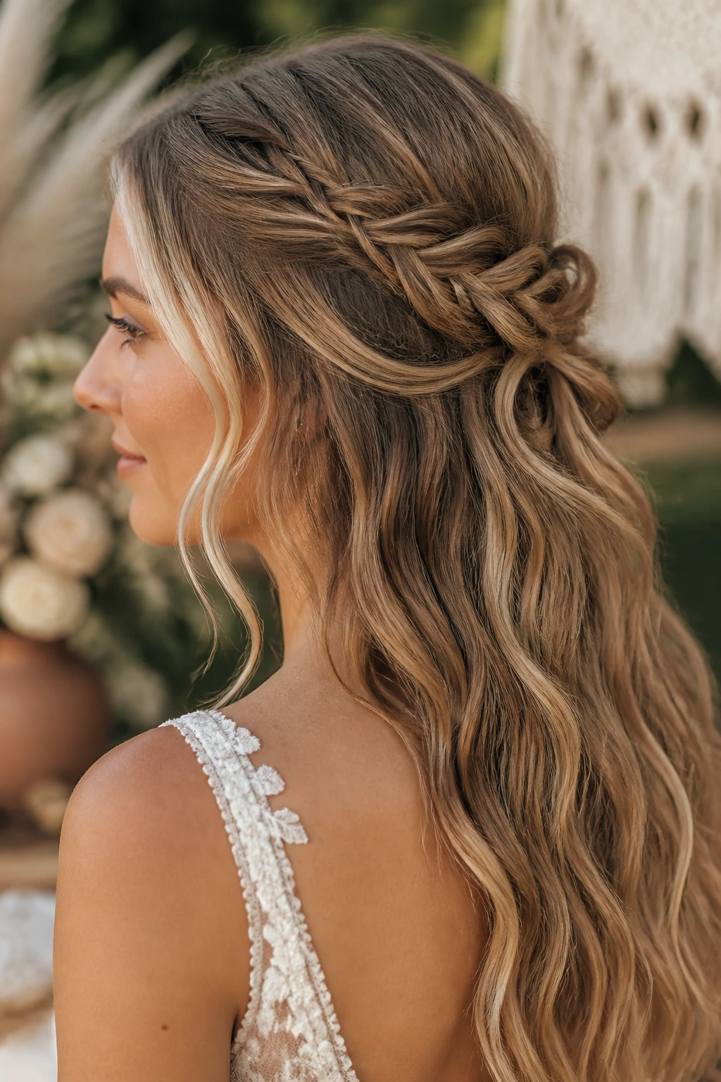 Bride with fishtail braid forming medallion at back and soft money piece.