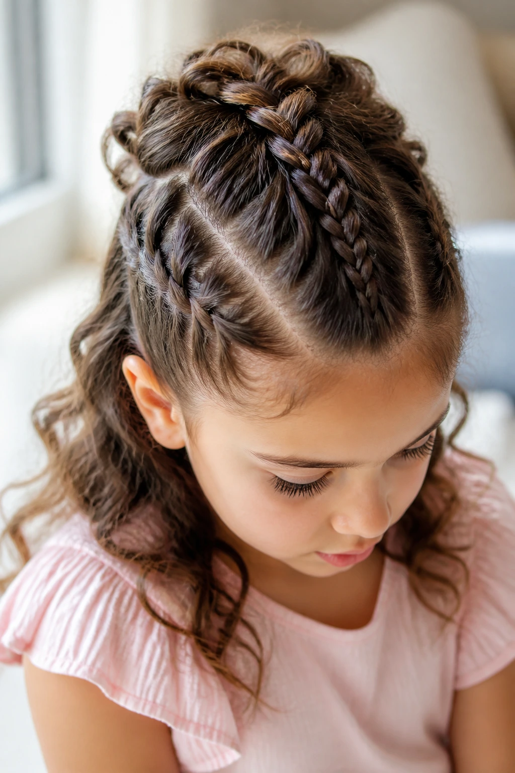 Girl with fishtail Mohawk and pancaked edges on wavy hair