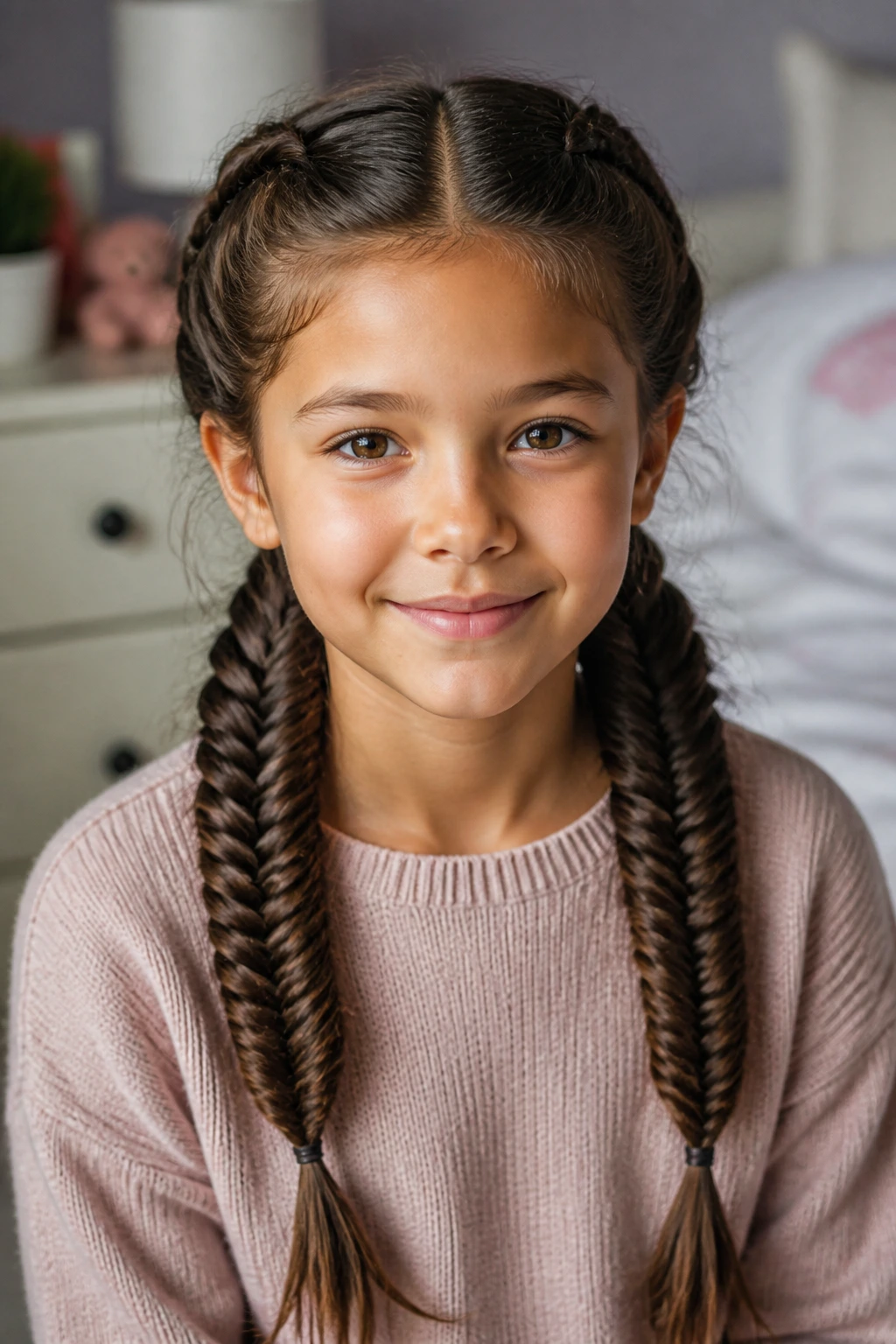 Close-up of a real child with twin fishtail pigtails and a center part in warm bedroom light