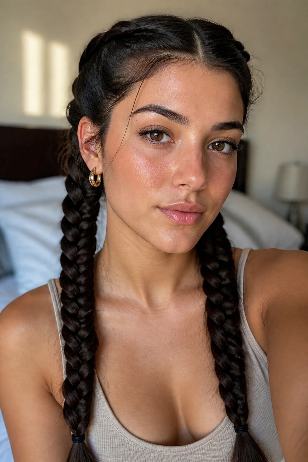 Close-up of woman with fishtail pigtails in thick hair, warm window light