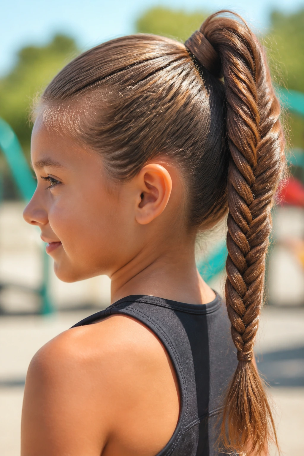 Real child with a high sporty fishtail pony, outdoors on a sunny day