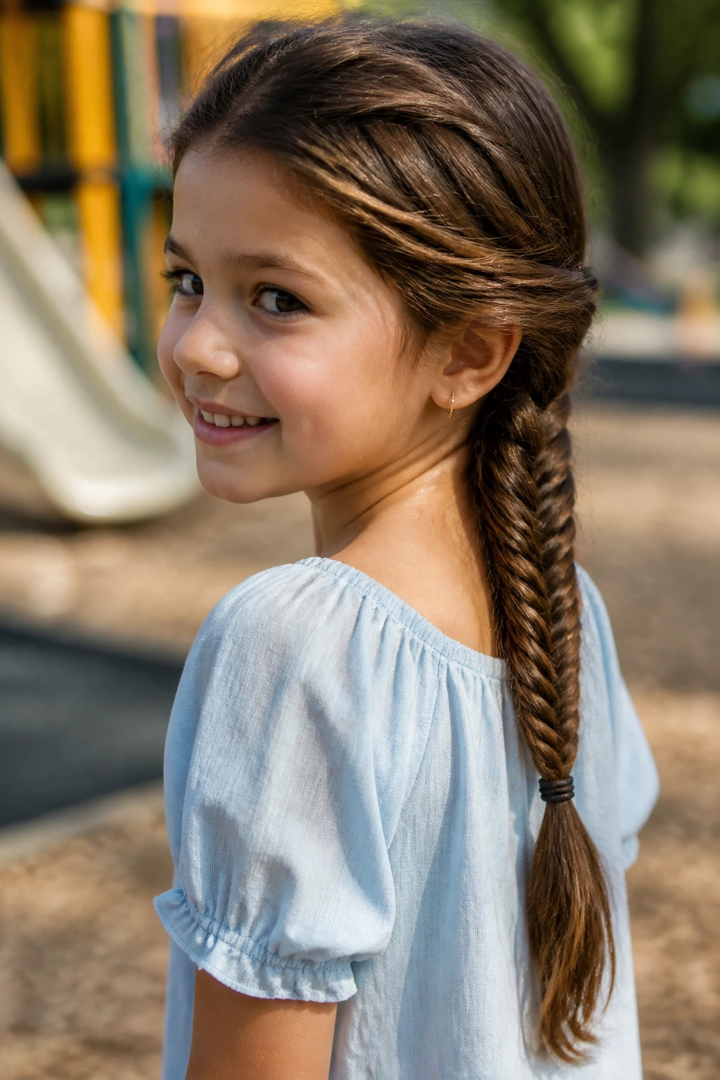 Real child with a fishtail ponytail braid in a low ponytail