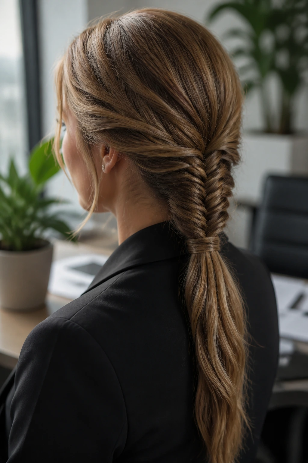 Real woman with fishtail braid ponytail in an office