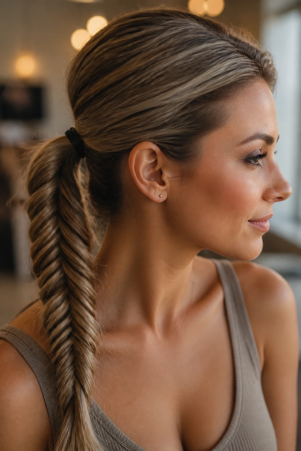 Close-up of a real woman with a fishtail ponytail and textured strands