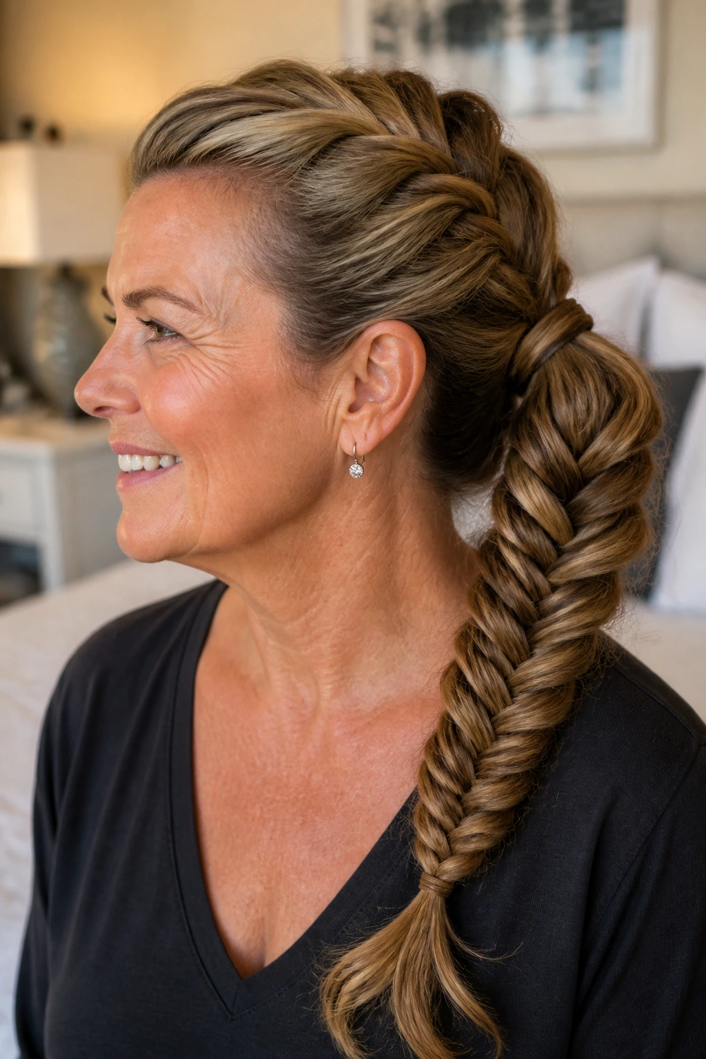 Close-up portrait of a real woman with a thick fishtail braid ponytail in warm window light