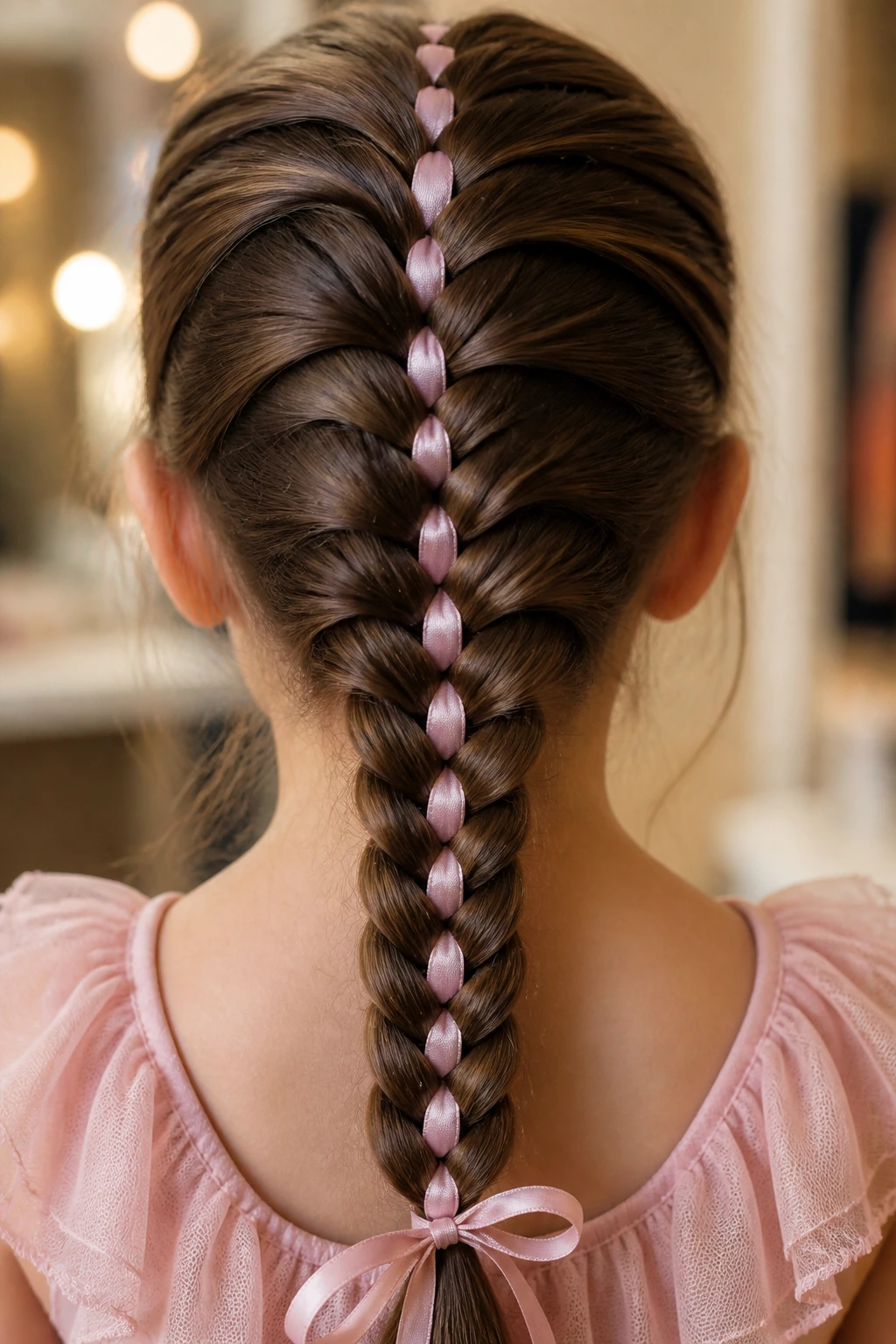 Back-of-head close-up of a center-back fishtail with ribbon woven through
