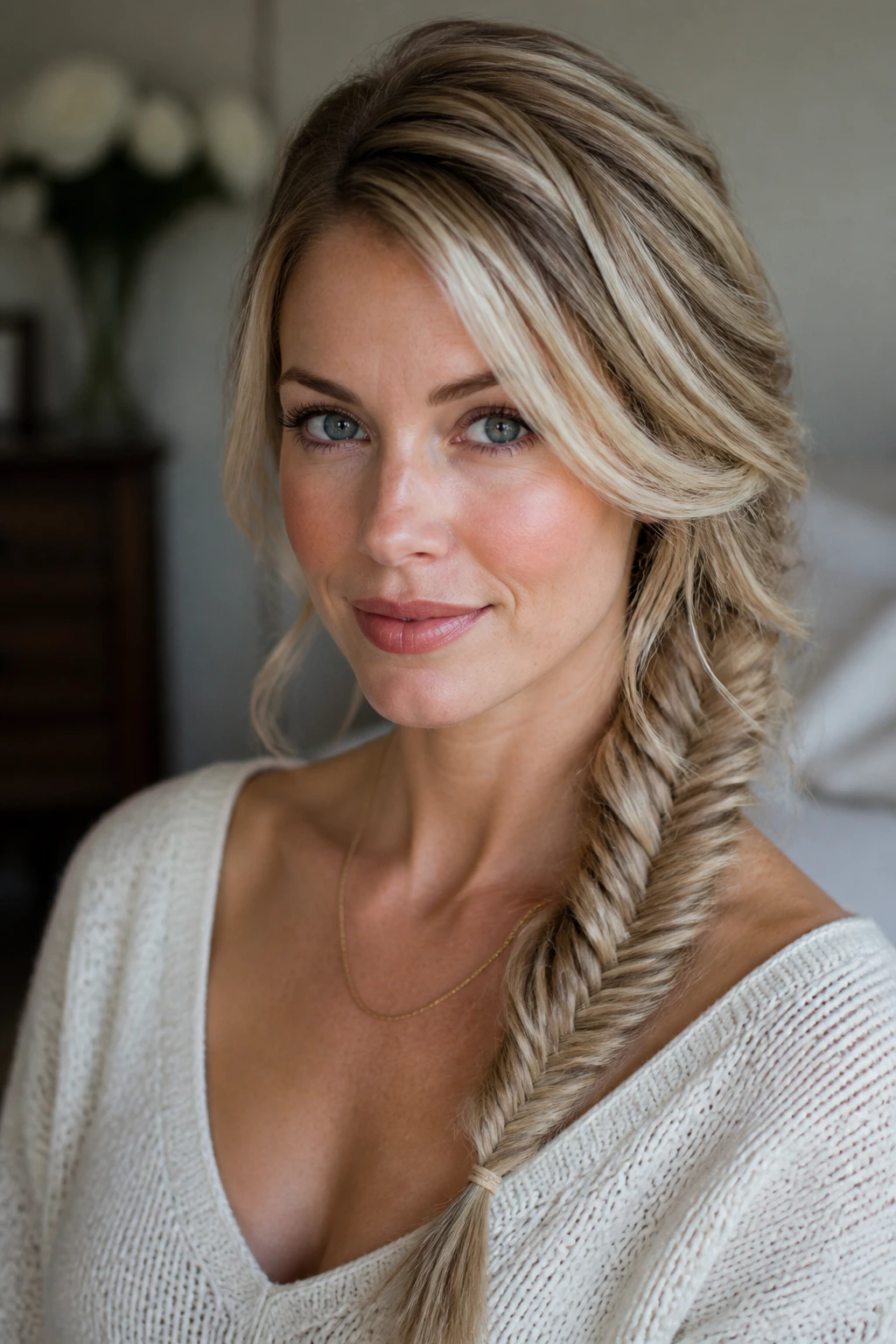 Close-up of a woman with a side-swept fishtail braid over one shoulder.