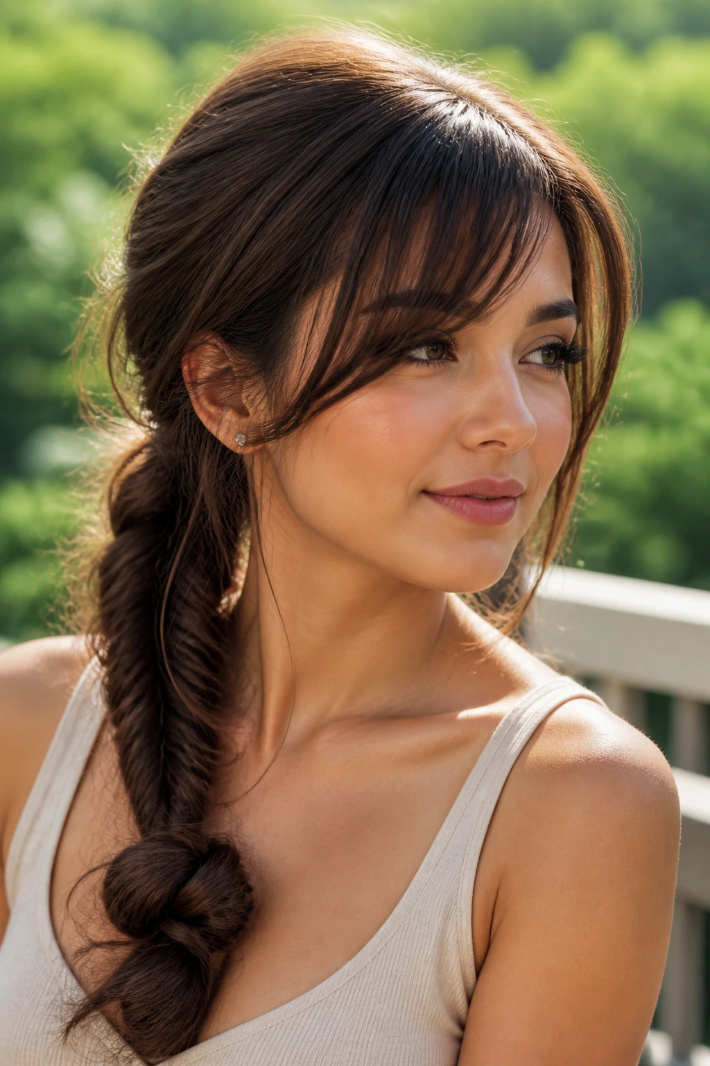 Close-up of real woman with fishtail braid twisted into a low knot