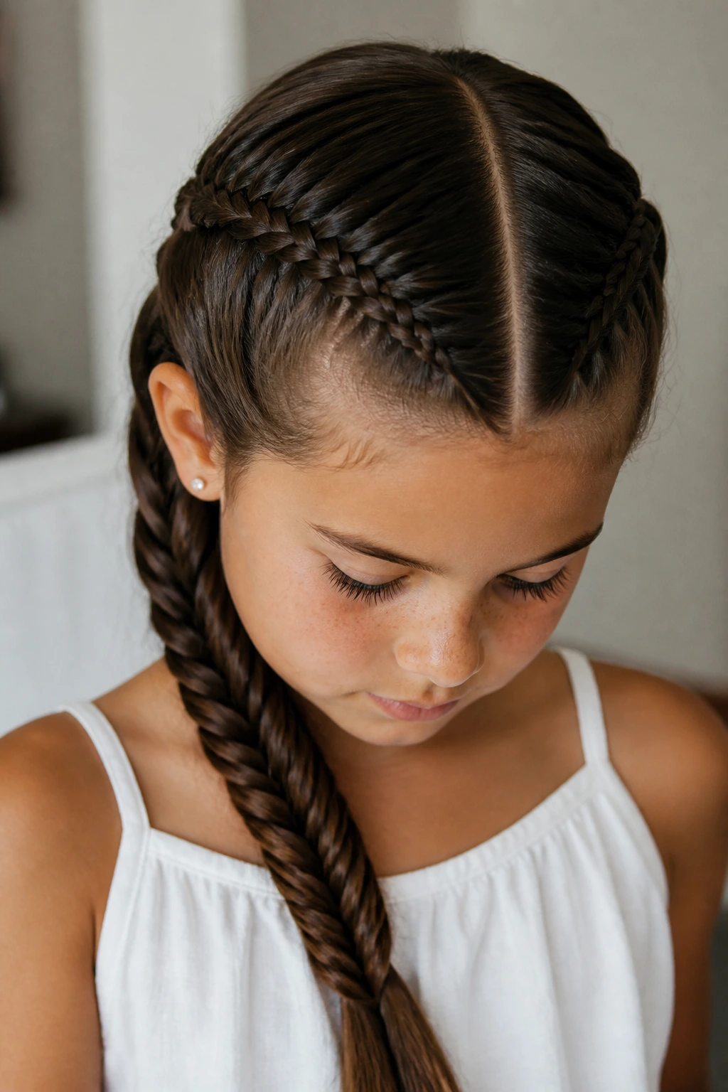 Real child with two narrow fishtails from a middle part merging into a low braid