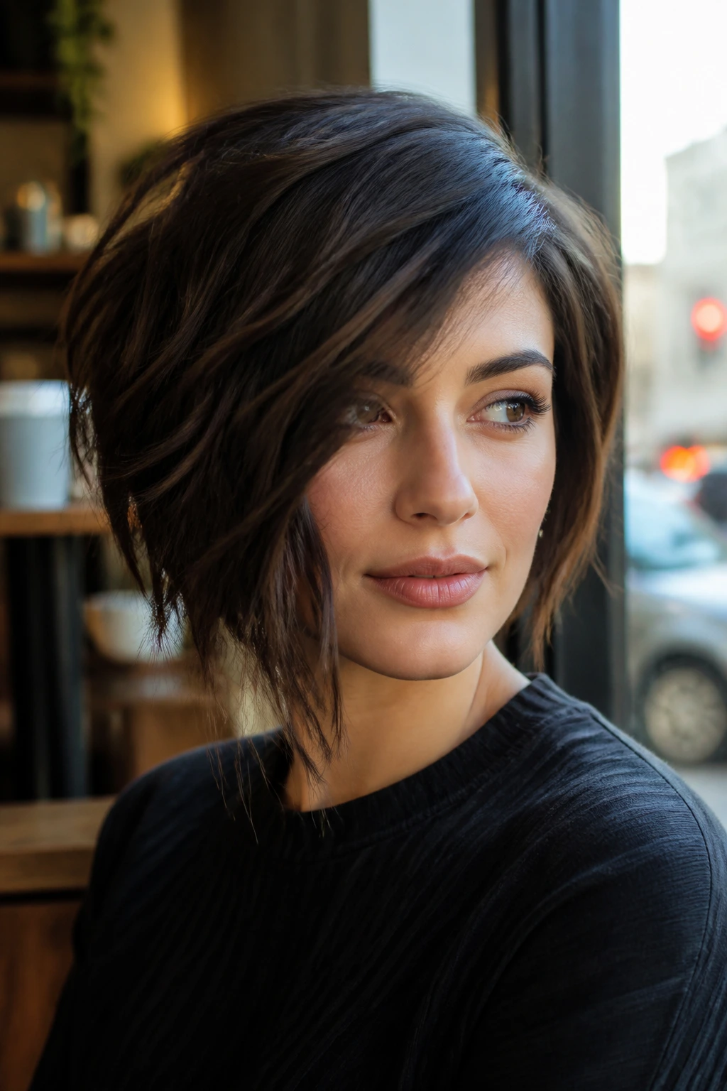 Portrait of a person with a five-variation inspired asymmetrical bob