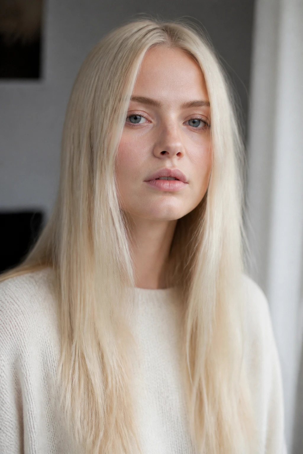 Real woman with long flat pale blonde hair lacking movement.