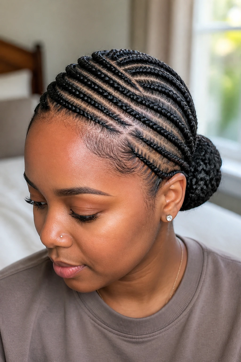 Close-up of a real person with flat braids for a TWA and a tucked side bun