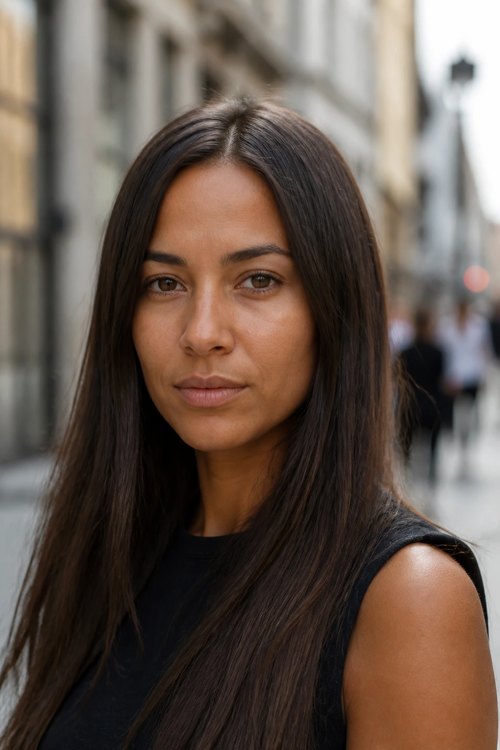 Portrait of a real woman with flat brunette hair under soft daylight in an urban outdoor setting