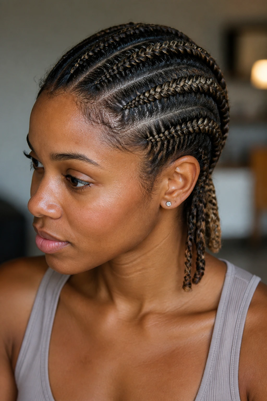 Close-up of flat Dutch braids with twisted ends on a crown