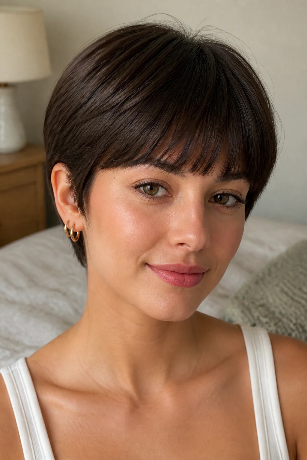 Real person wearing a short wig with a flat hairline and smooth fringe