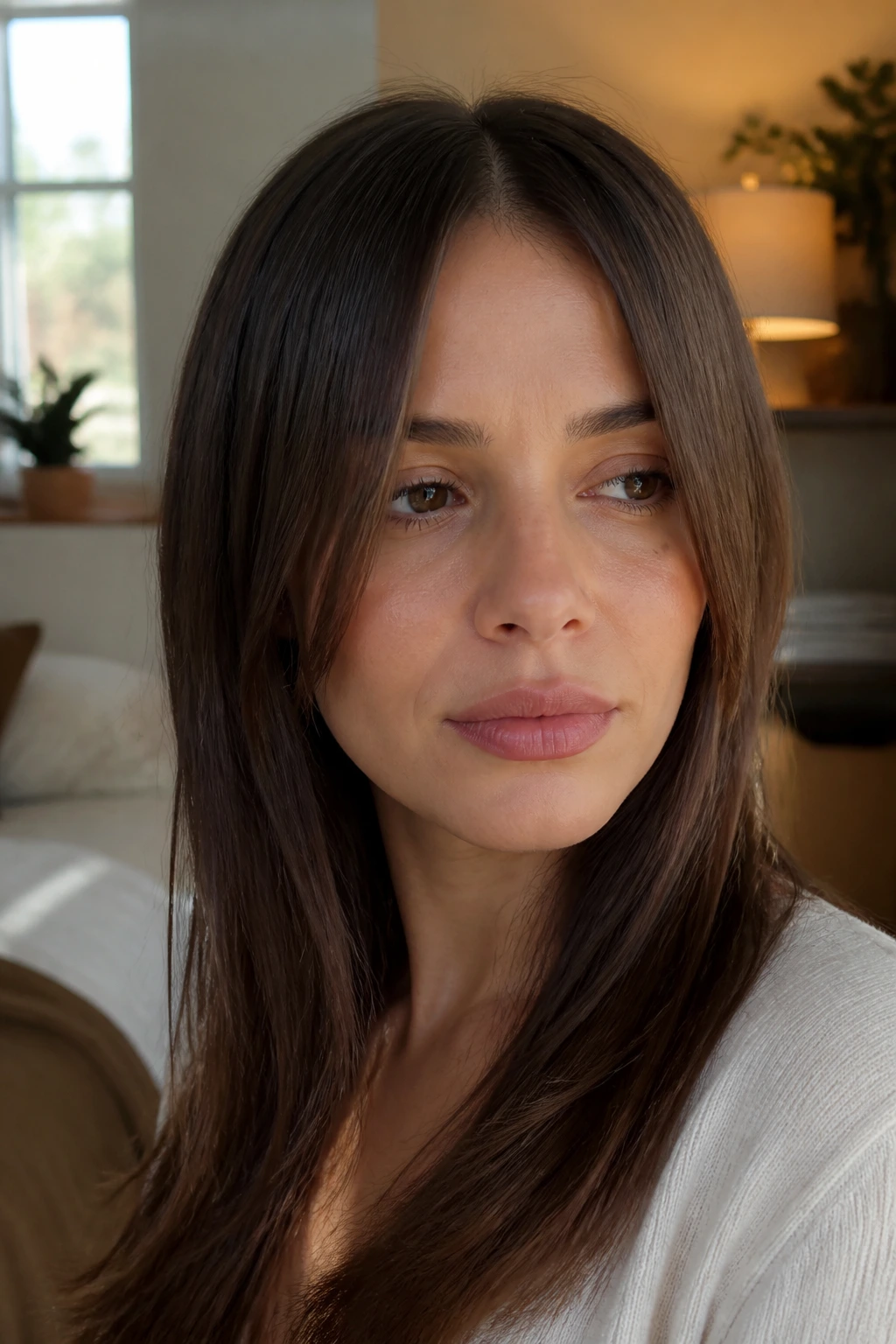 Close-up of a woman with overly sleek bangs from frequent flat-ironing