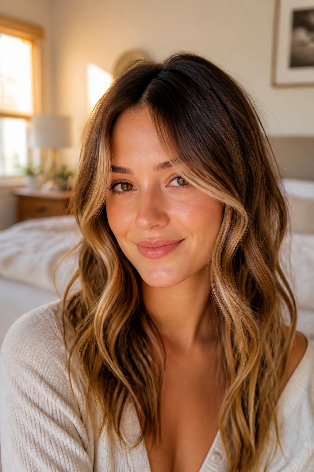 Close-up of a real woman's hair with flat-iron beach bends framing the cheekbones in warm window light.