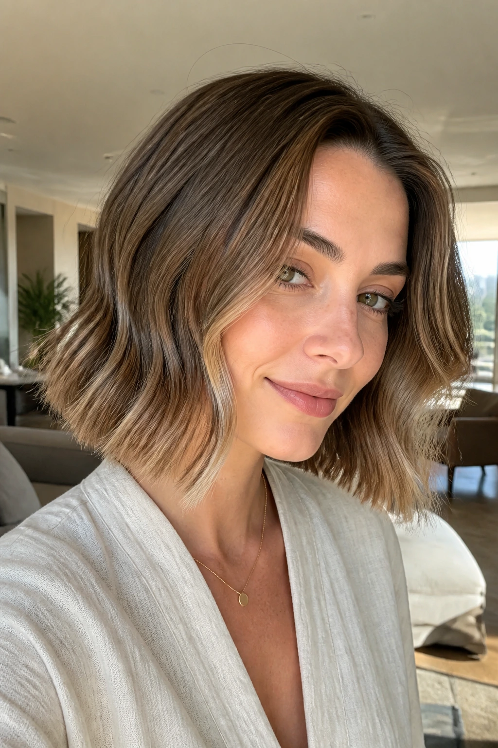 Close-up of a real woman with a flat-iron bend lob in a sunlit room