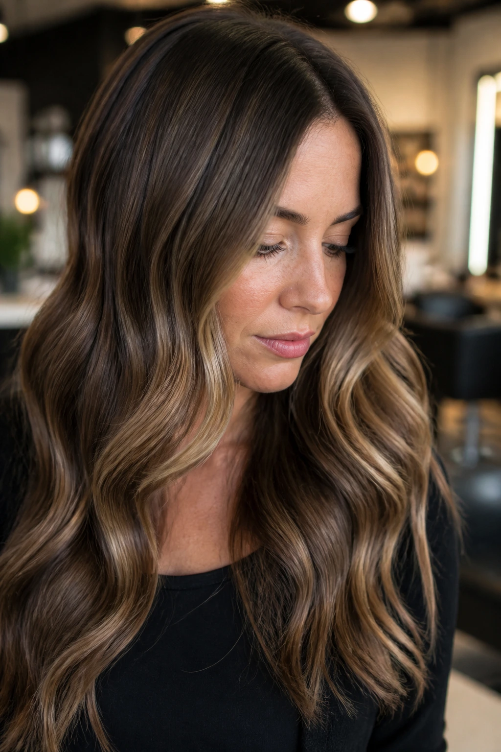 Close-up of real person with flat-iron bends and elongated waves near roots in a hair studio.