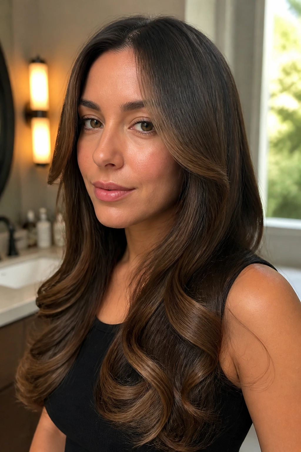 Close-up portrait of a real woman with flat-iron curled ends