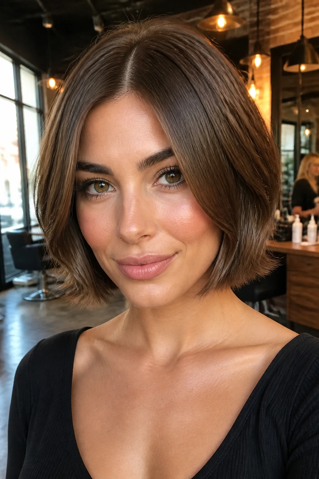 Close-up of a real woman with a flat-iron flip bob and center part