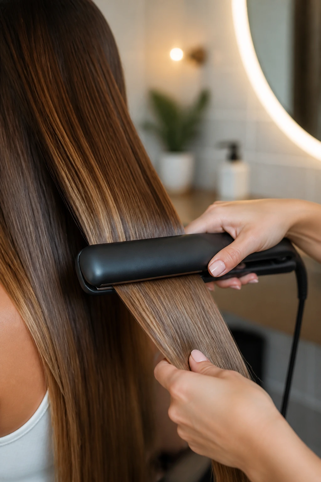 Hands with ceramic flat iron smoothing long straight hair