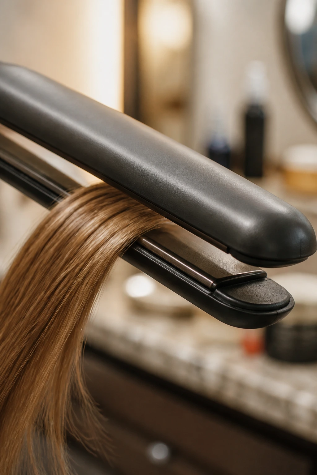 Macro close-up of a flat iron used to set side-swept bangs.