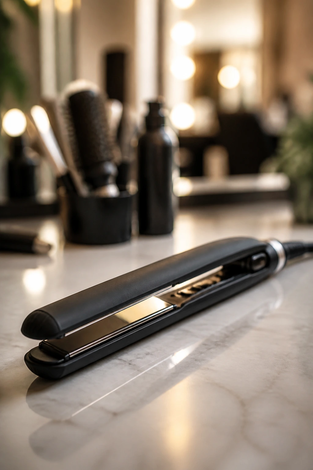 Close-up of a 1-inch flat iron on a vanity with salon background