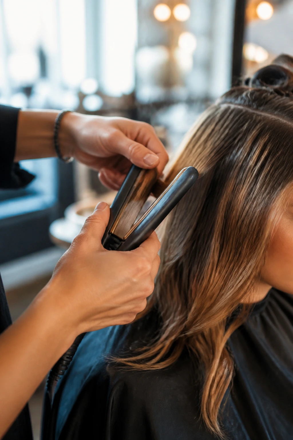 Hands holding a flat iron styling hair in a salon.