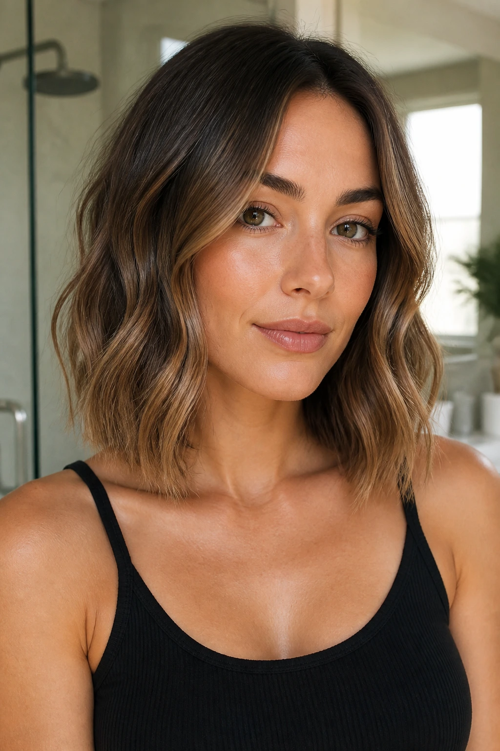 Close-up of a real woman with shoulder-length lob and straight-ended waves