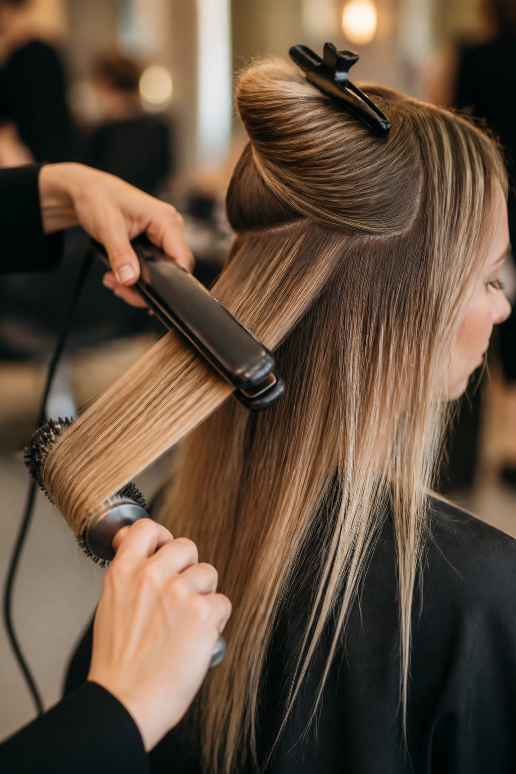 Stylist's hands using a flat iron and round brush on a real client in a salon.