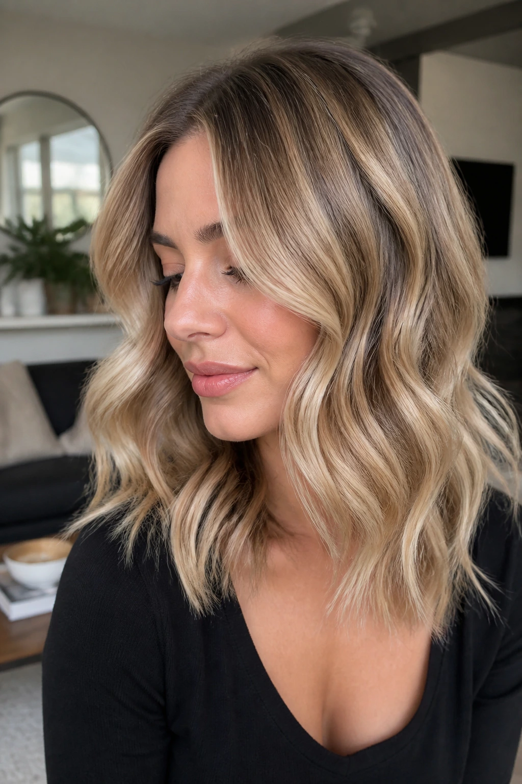 Close-up of a real woman with flat-iron S-bends in shoulder-length hair