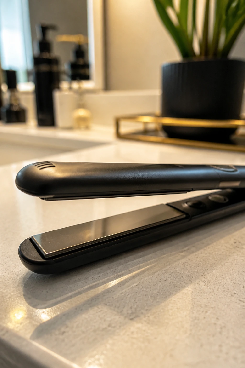 Close-up of a flat iron on a bathroom counter in a real-world vanity setting.