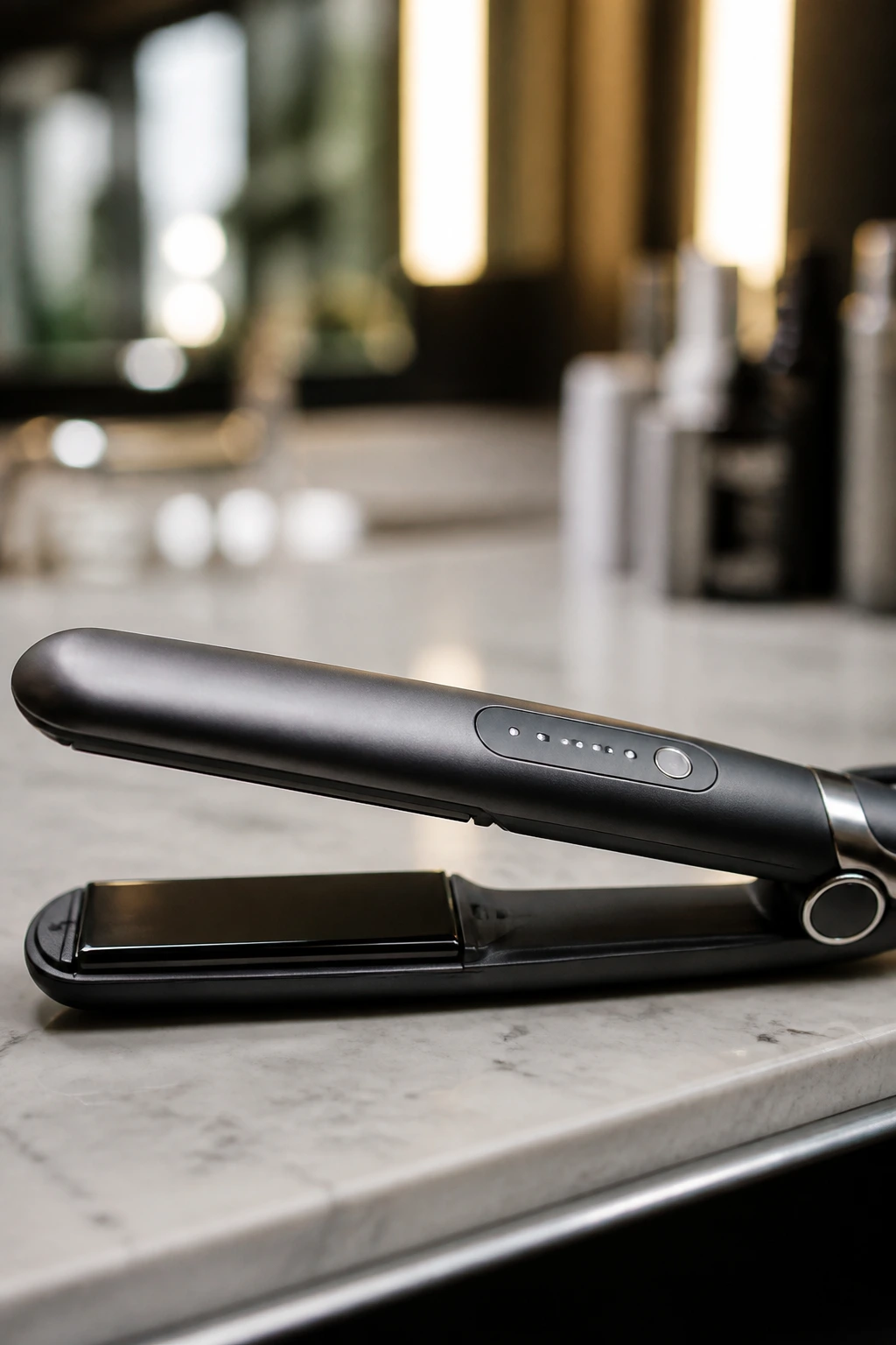 Close-up of a flat iron with temperature control on a vanity.