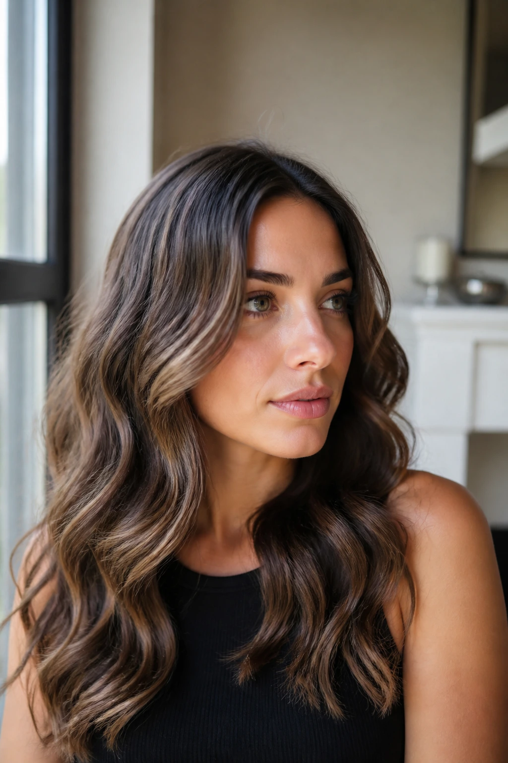 Close-up of a real person with flat-iron created bend waves