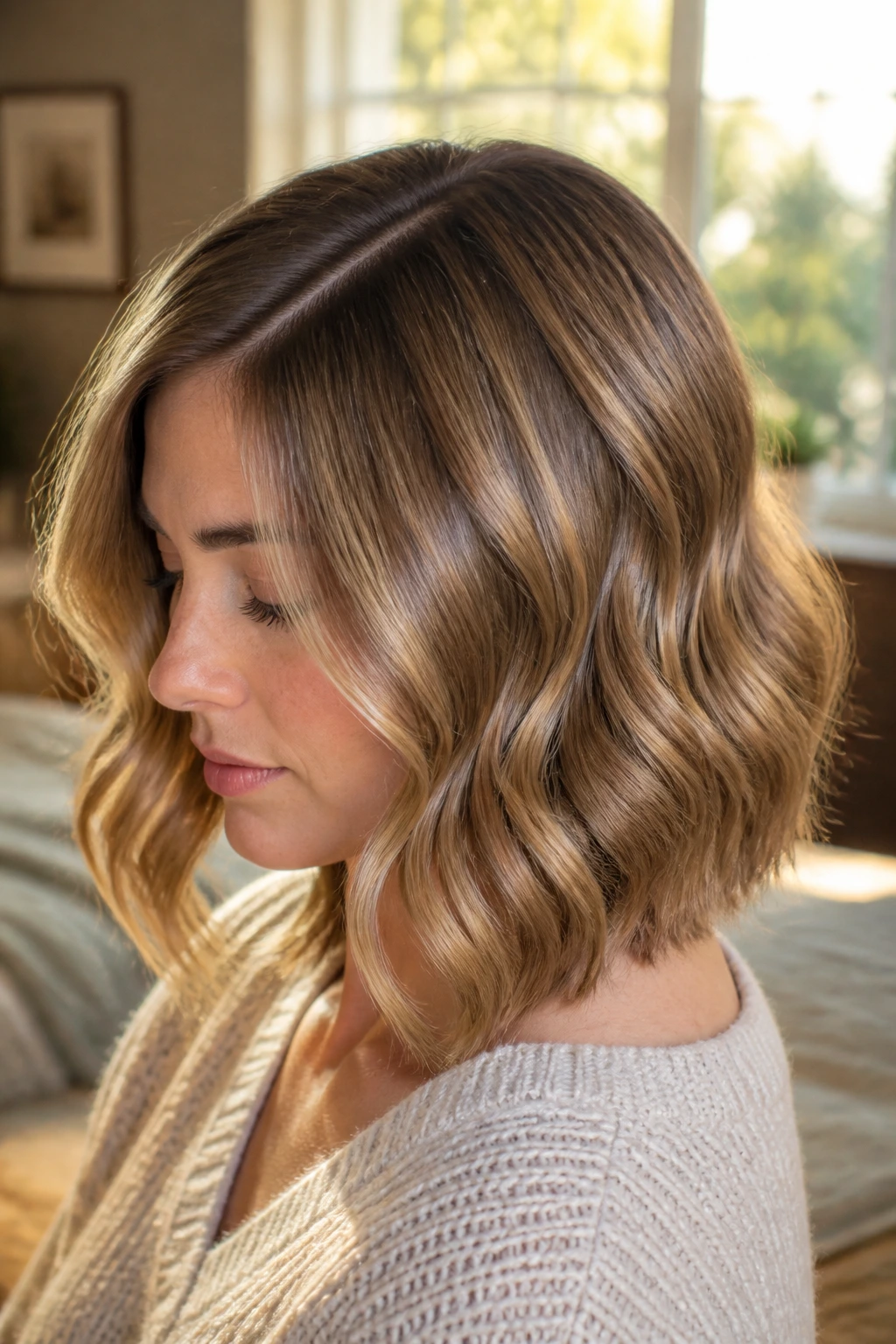 Close-up of a real woman with ribbon-like waves from a flat iron on shoulder-length fine hair, warm window light