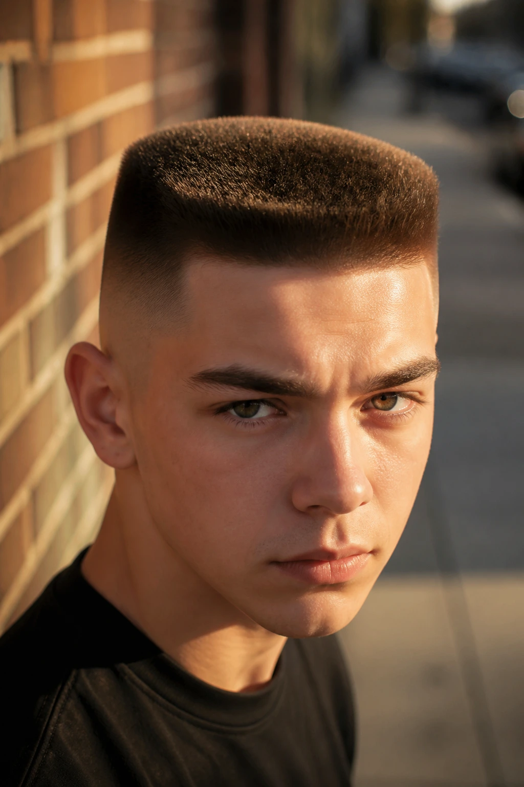 Teen with flat top buzz cut against urban brick wall