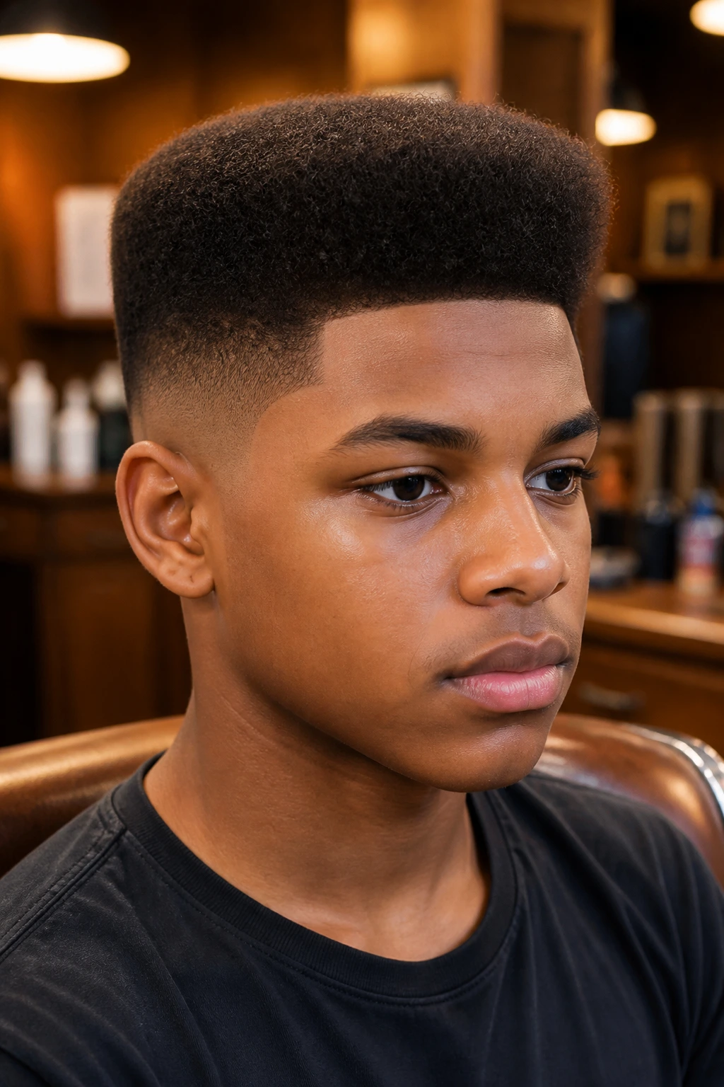 Close-up portrait of a teen with a flat top and low fade hairstyle